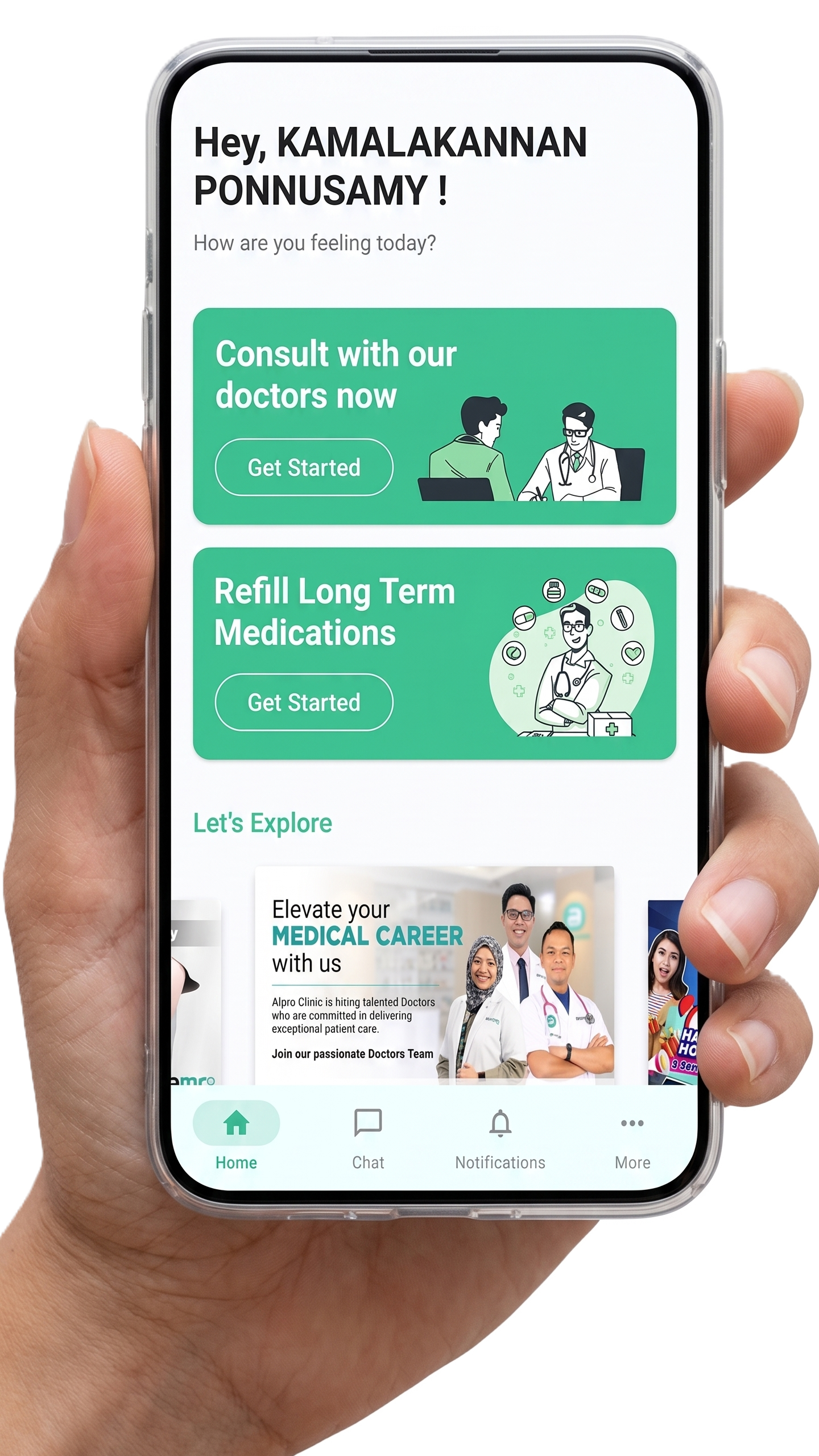 Alpro Clinic App on a mobile phone showing the home screen